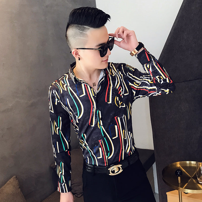 Colorful Thread Print Long Sleeve Slim Fit Casual Style Men Shirts