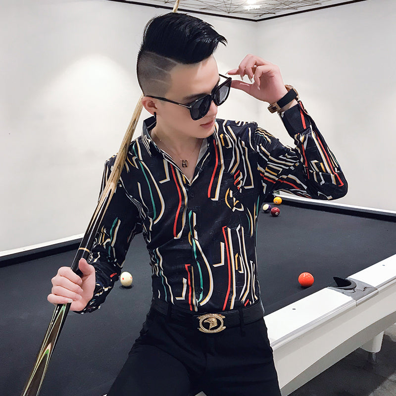Colorful Thread Print Long Sleeve Slim Fit Casual Style Men Shirts