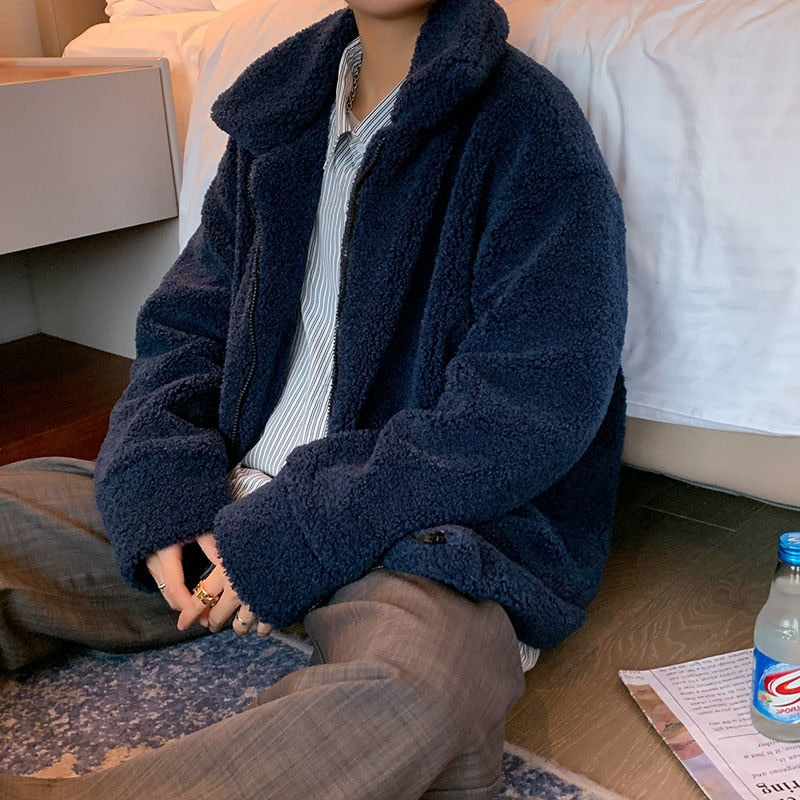 Blue Single Breasted Zipper Closure Wool Coat