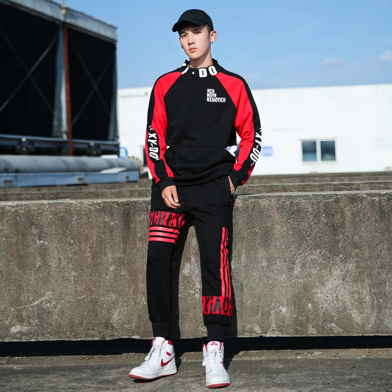 Casual Hi Neck Streetwear Patch Hip Hop Style Men Sweatshirt and Pant