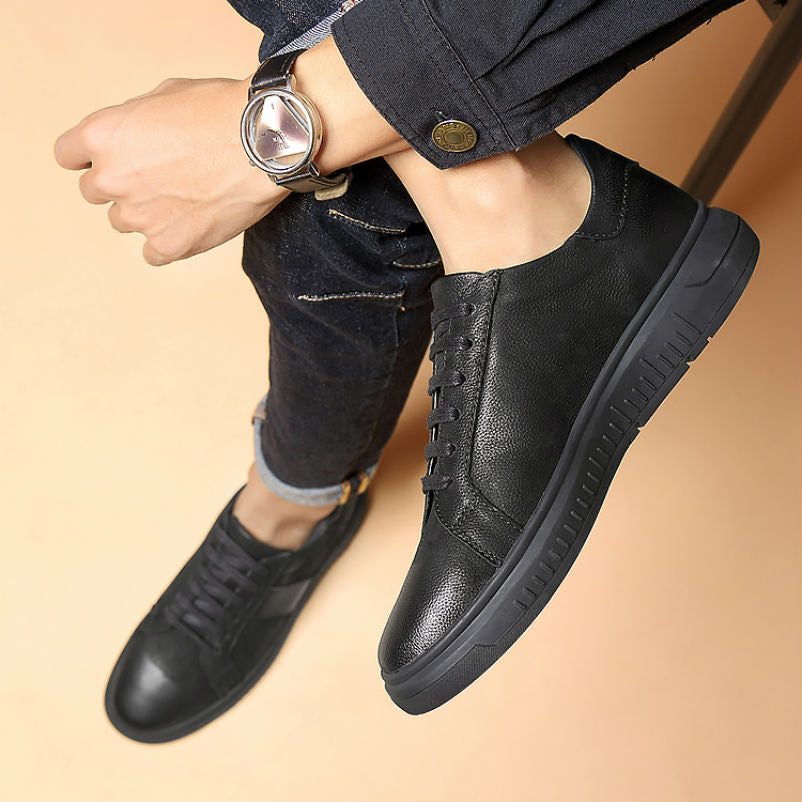 Black Genuine Leather Low Top Rubber Sole Sneakers