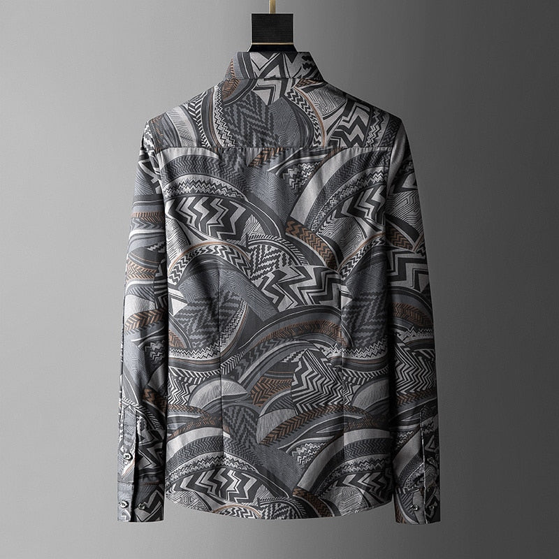 Gray Abstract Banquet Printed Long Sleeve Shirt