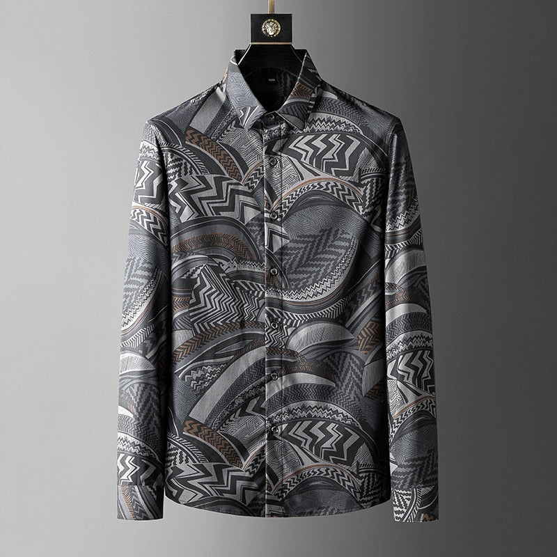 Gray Abstract Banquet Printed Long Sleeve Shirt