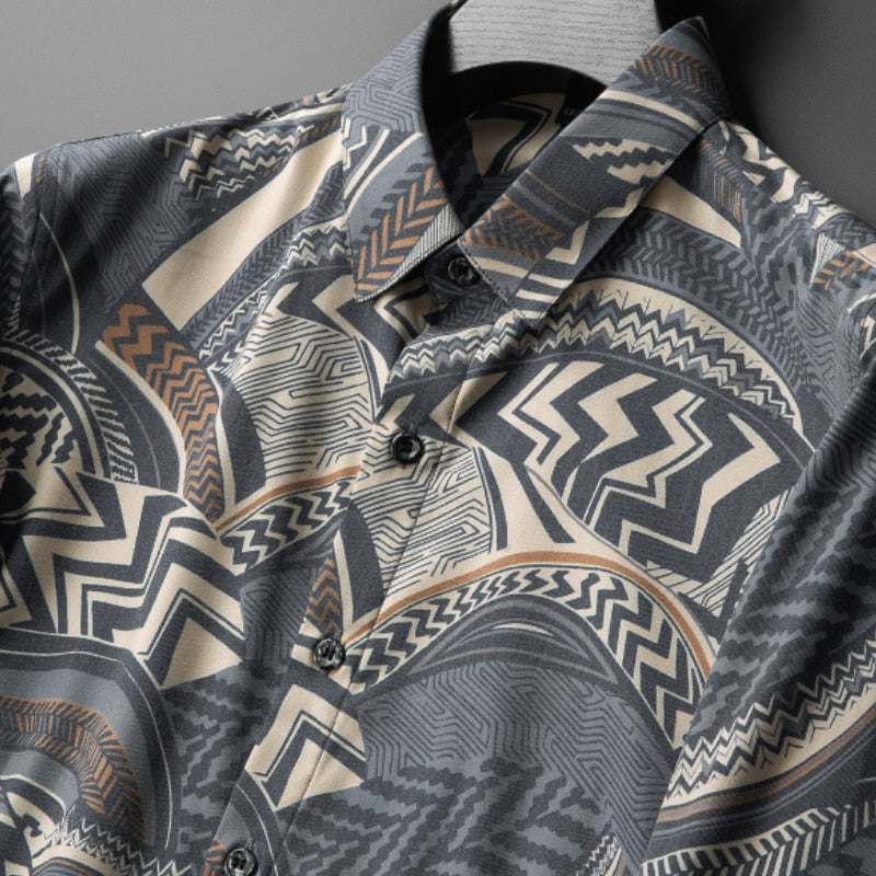 Gray Abstract Banquet Printed Long Sleeve Shirt