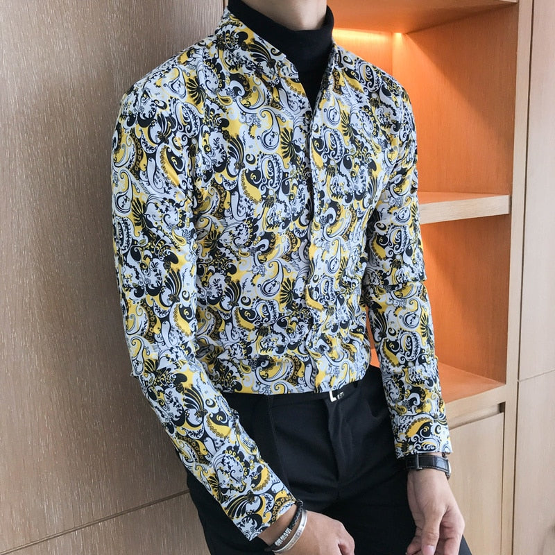 Full Contrast Baroque Pattern Men Long Sleeves Shirt