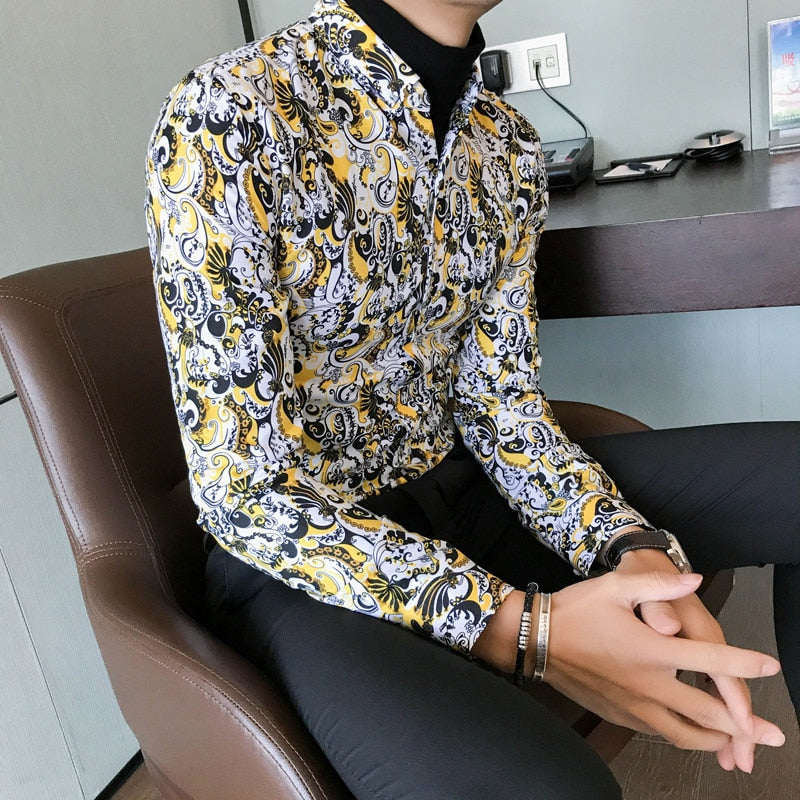Full Contrast Baroque Pattern Men Long Sleeves Shirt