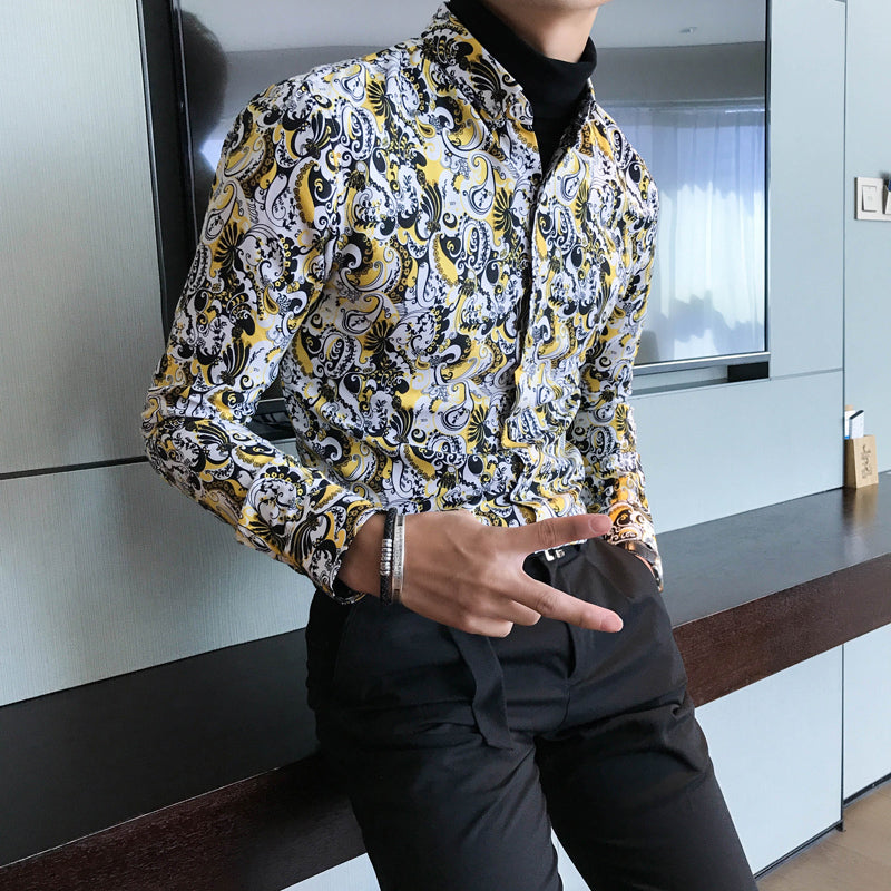Full Contrast Baroque Pattern Men Long Sleeves Shirt