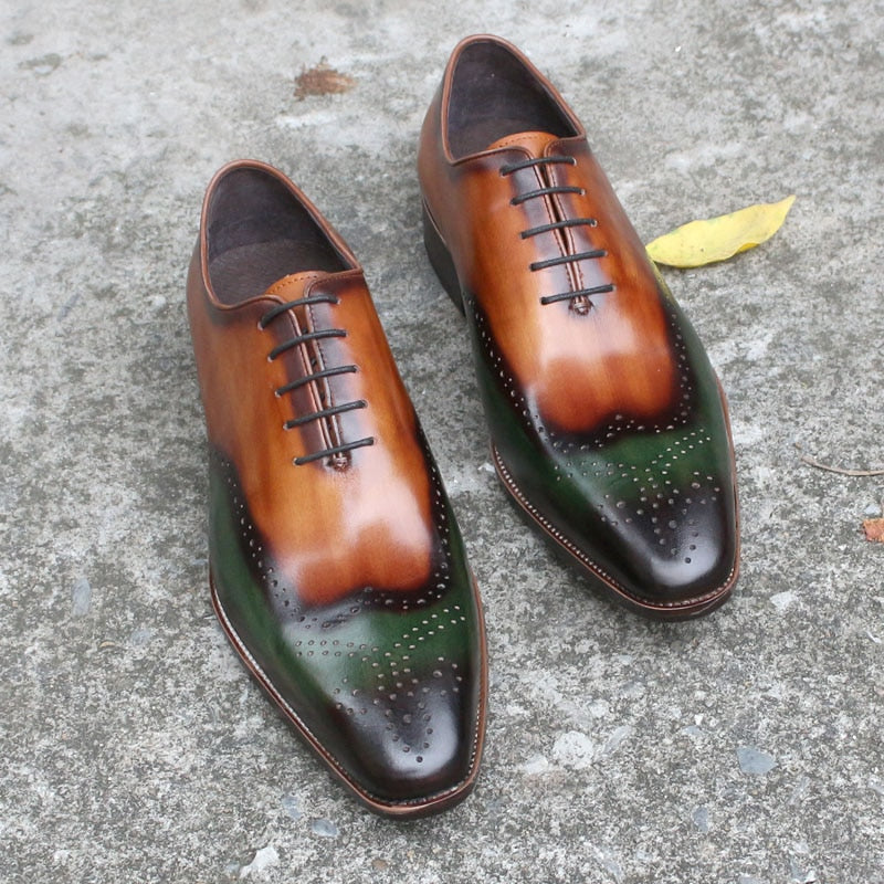 Green Brown Leather Oxfords Shoes