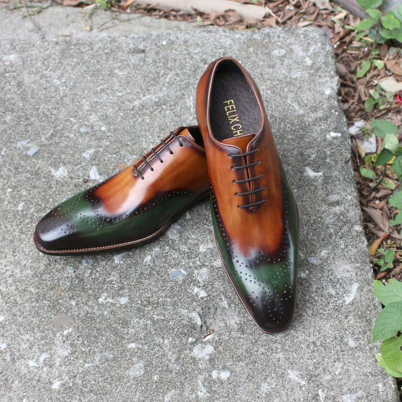 Green Brown Leather Oxfords Shoes