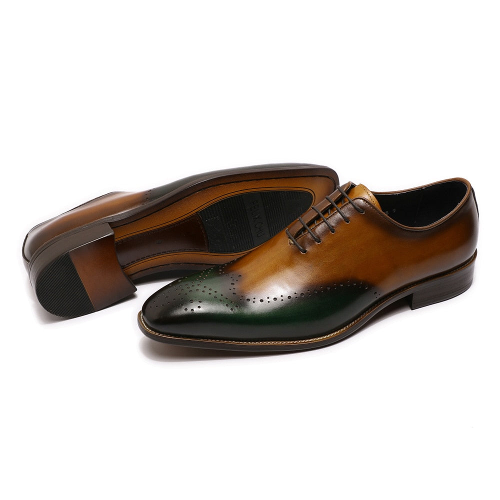 Green Brown Leather Oxfords Shoes