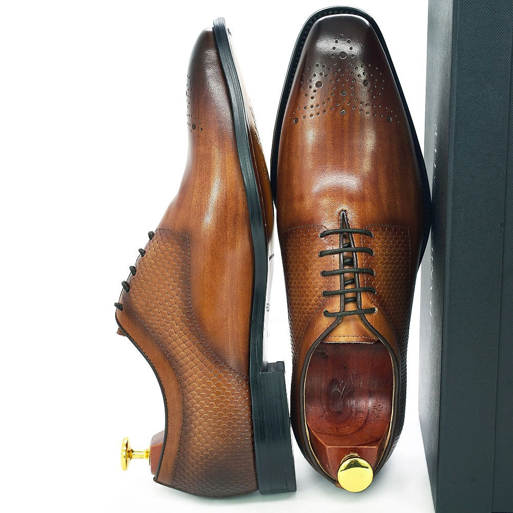 Genuine Leather with Snake Print Pattern Oxford Shoes