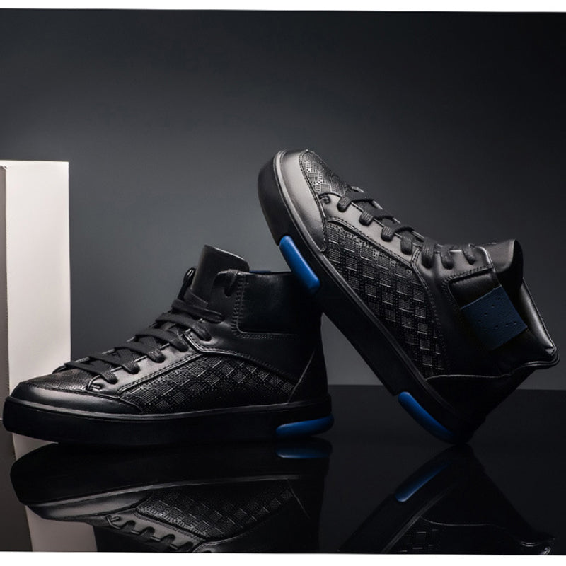Casual Lace Up with Blue Mark Detail Men Leather High Top Sneakers - FanFreakz