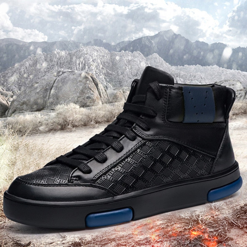 Casual Lace Up with Blue Mark Detail Men Leather High Top Sneakers - FanFreakz