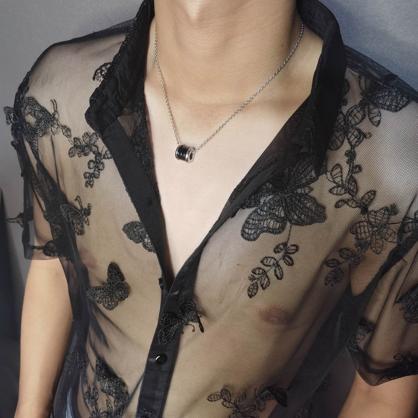 Butterfly Lace Black Solid Short Sleeve Shirt