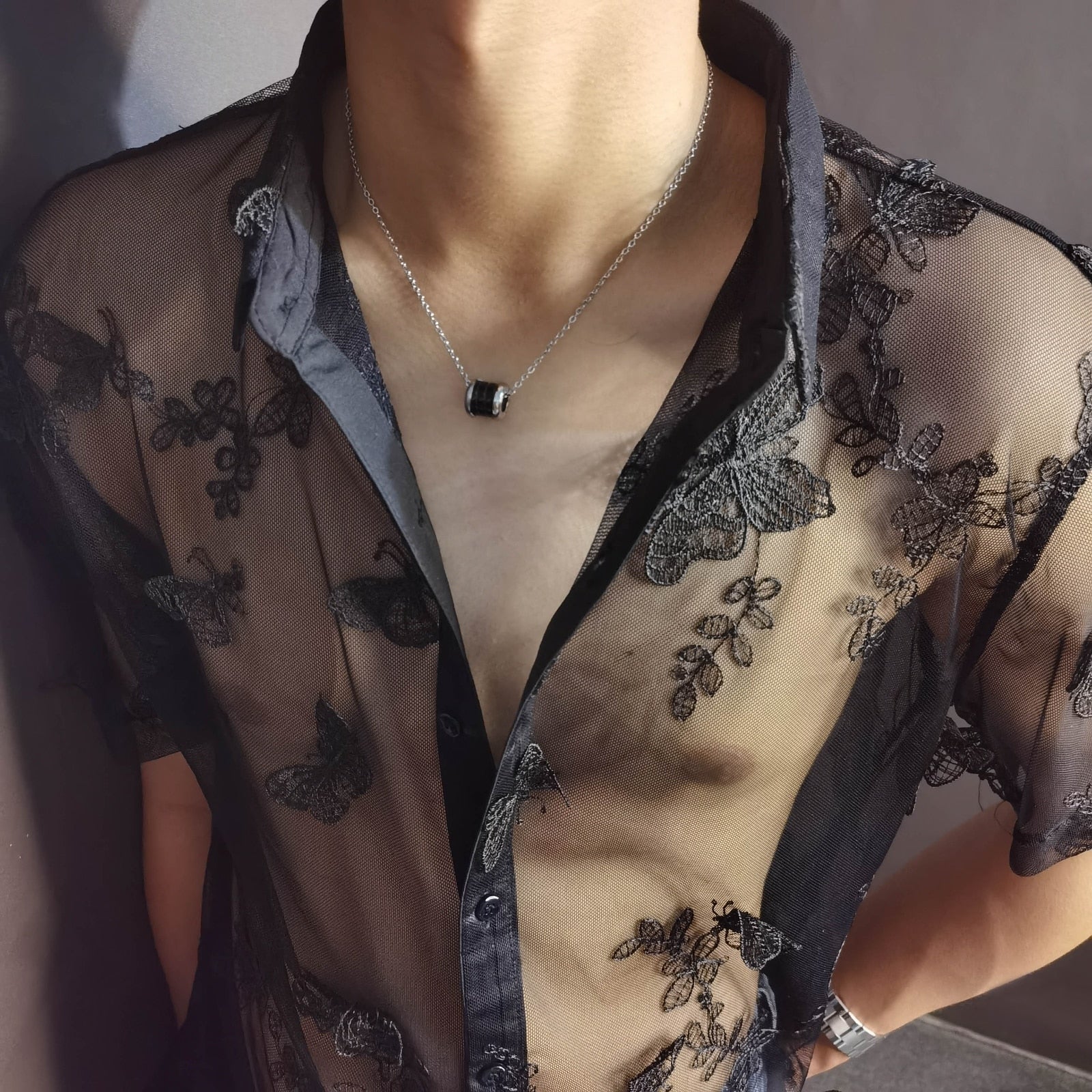 Butterfly Lace Black Solid Short Sleeve Shirt