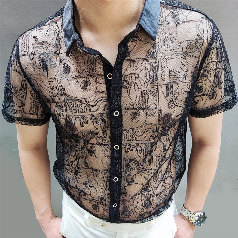 Comic Black Lace Embroidery Shirt
