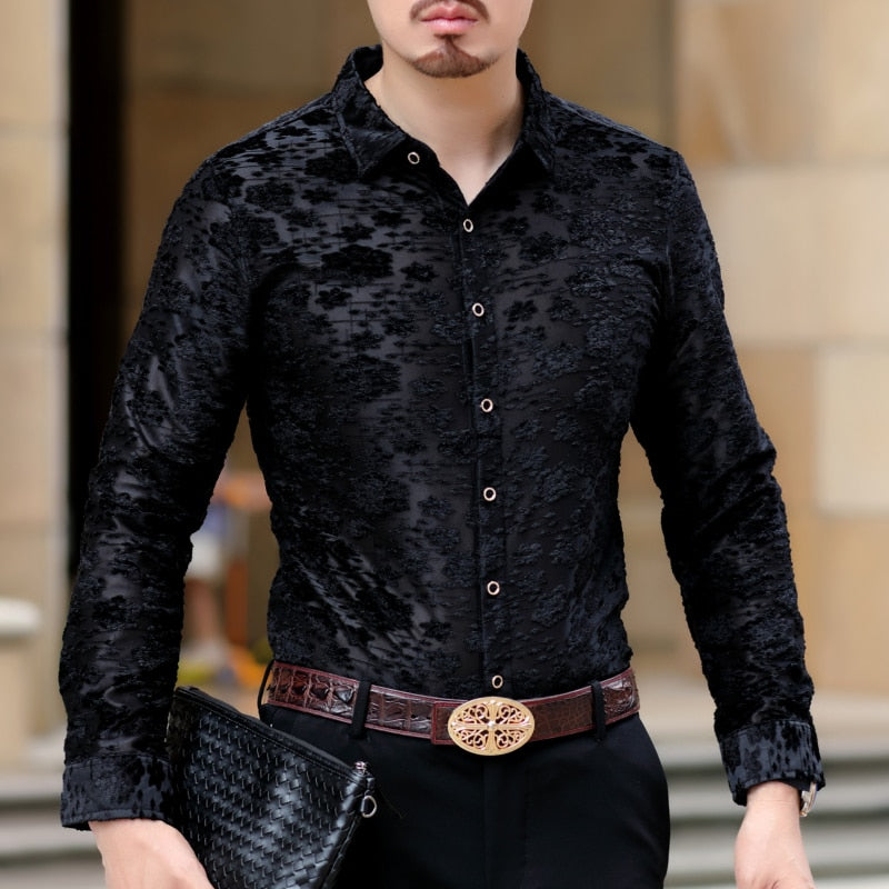 Sexy See Through Black Navy Blooming Men Long Sleeve Shirt