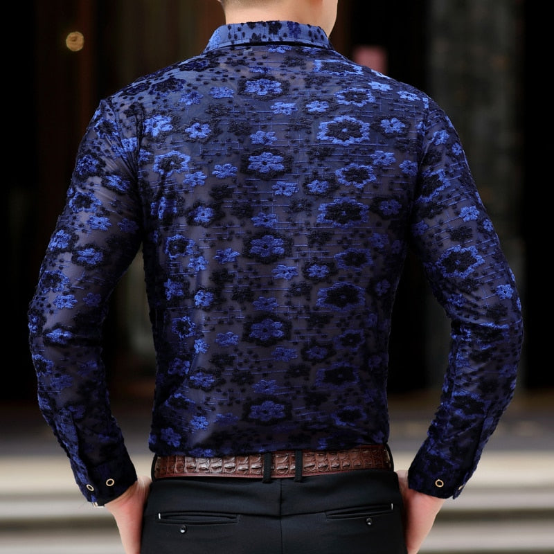 Sexy See Through Black Navy Blooming Men Long Sleeve Shirt