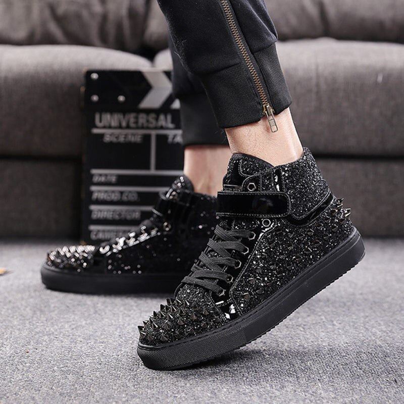 Black Silver PU Leather Rivets Men High Top Fashion Shoes
