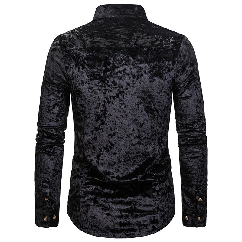 Crushed Velvet Men Asymmetric High Neck Shirt