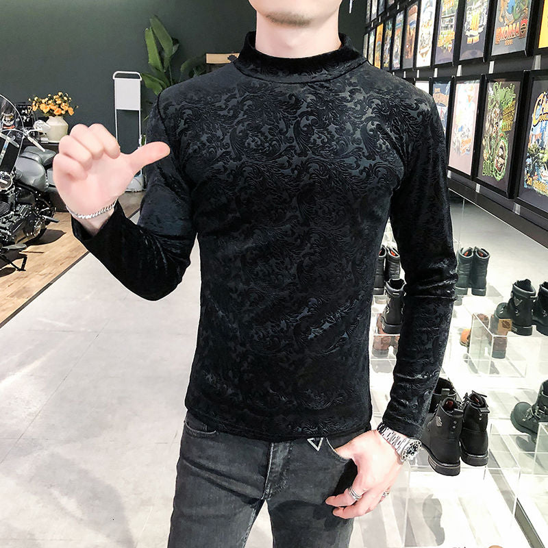 Invisible Floral Printed Long Sleeve Turtleneck T-Shirt