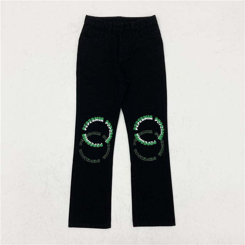 Green Printed Decoration Black Loose Jeans