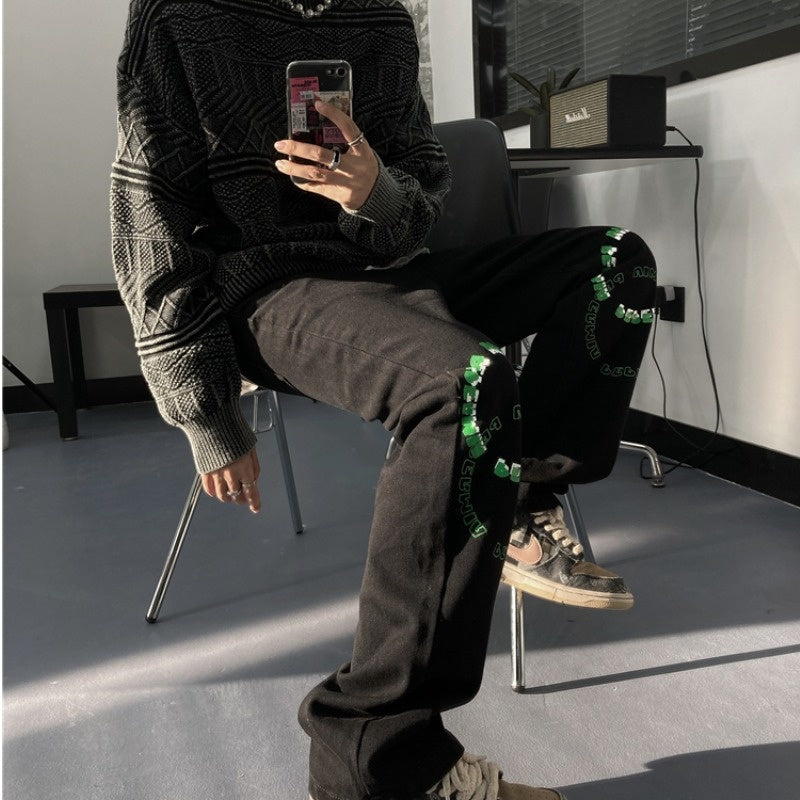 Green Printed Decoration Black Loose Jeans