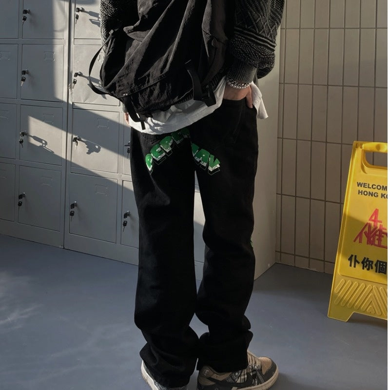 Green Printed Decoration Black Loose Jeans