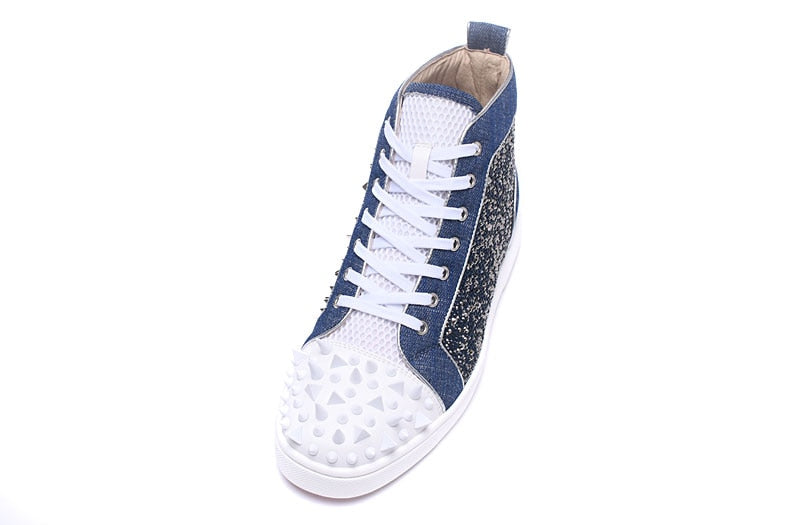 High Top Blue White Spike Toe Lace Up Casual Style Men Sneaker