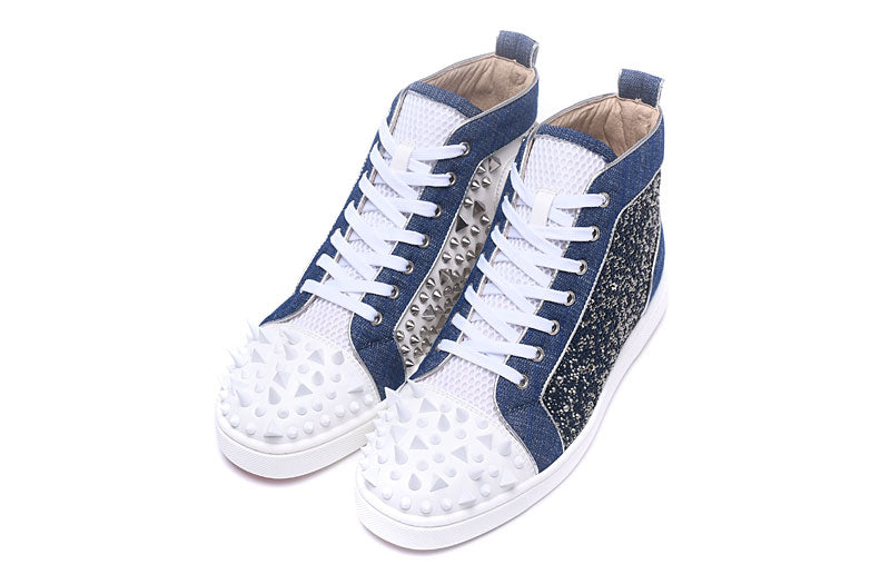 High Top Blue White Spike Toe Lace Up Casual Style Men Sneaker