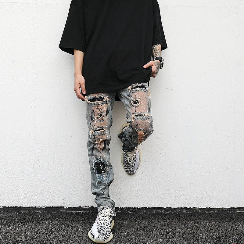 Blue Paint Stain Decorated Ripped Biker Jeans