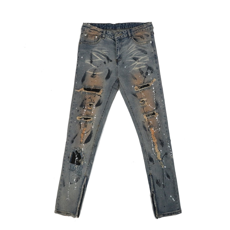 Blue Paint Stain Decorated Ripped Biker Jeans