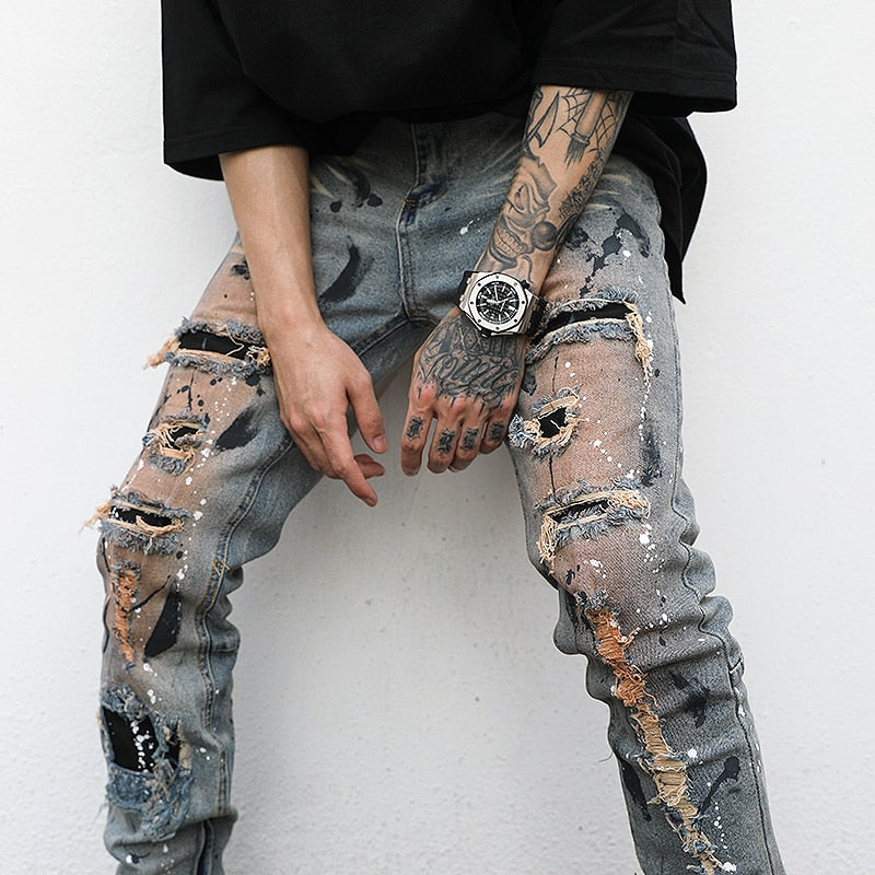 Blue Paint Stain Decorated Ripped Biker Jeans