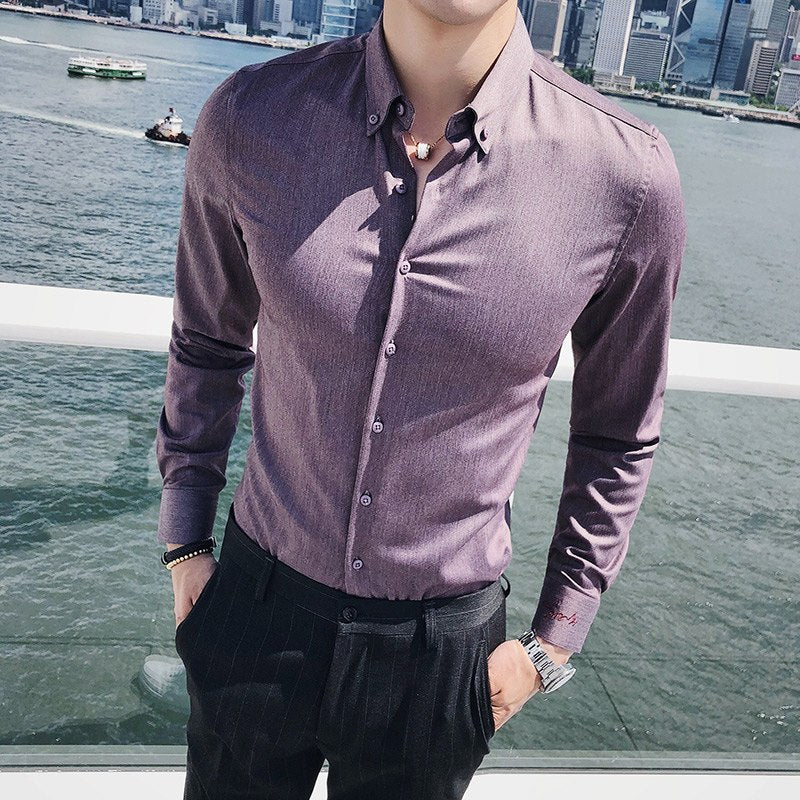 Solid Basic Business Men Long Sleeves Shirt