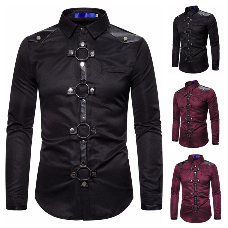 Gothic Rock Buckle Button Long Sleeve Slim Fit Men Shirt