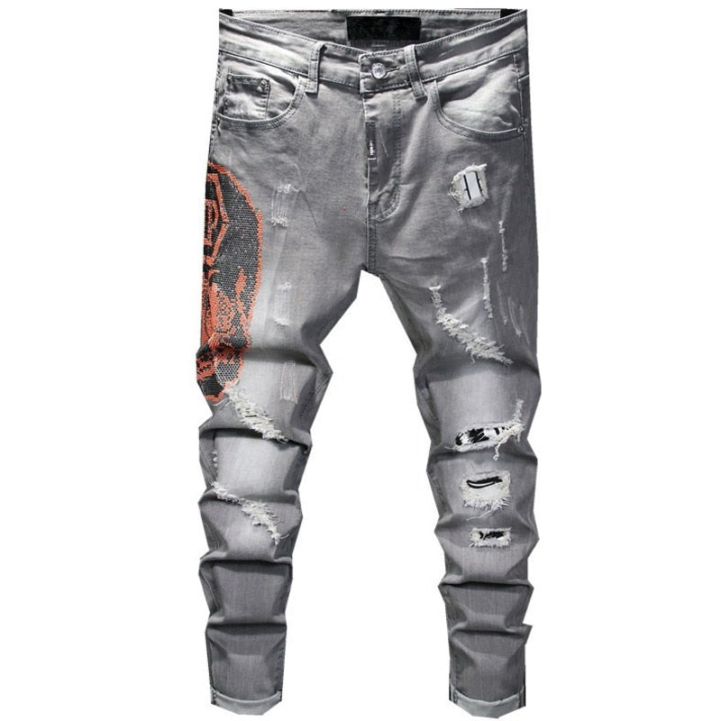 Patchwork Hot-Drilled Rhinestone Grey Jeans