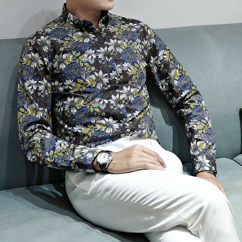 Full Flower Printed Men Long Sleeve Buttoned Shirt