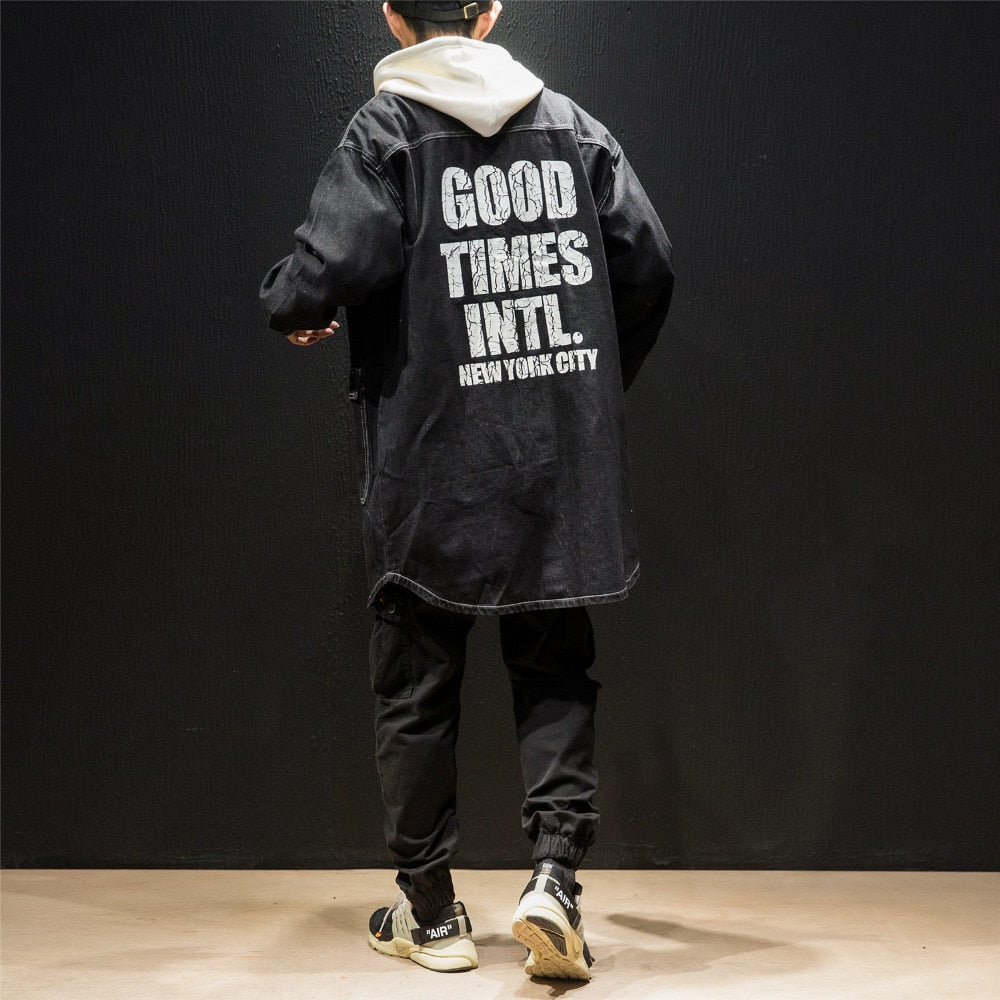Cracked Letter Print Backside Men Long Denim Hooded Jacket - FanFreakz