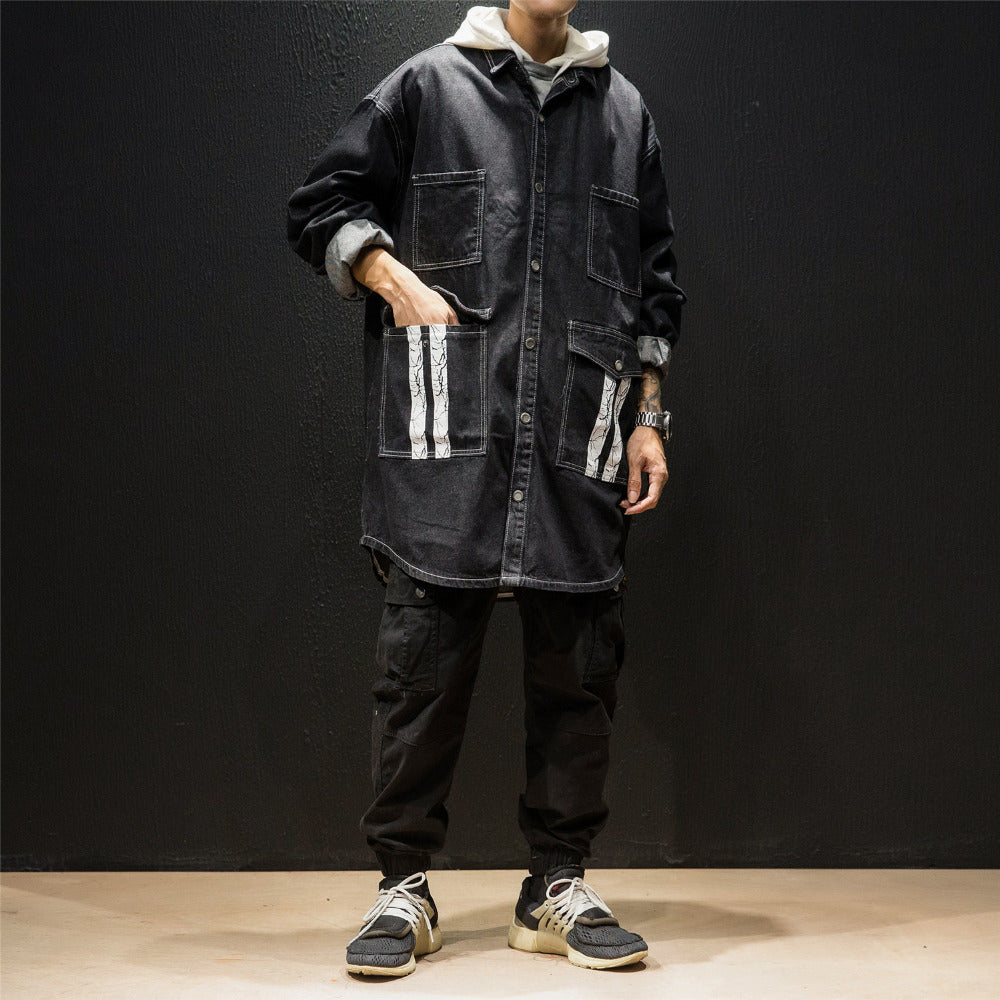 Cracked Letter Print Backside Men Long Denim Hooded Jacket - FanFreakz