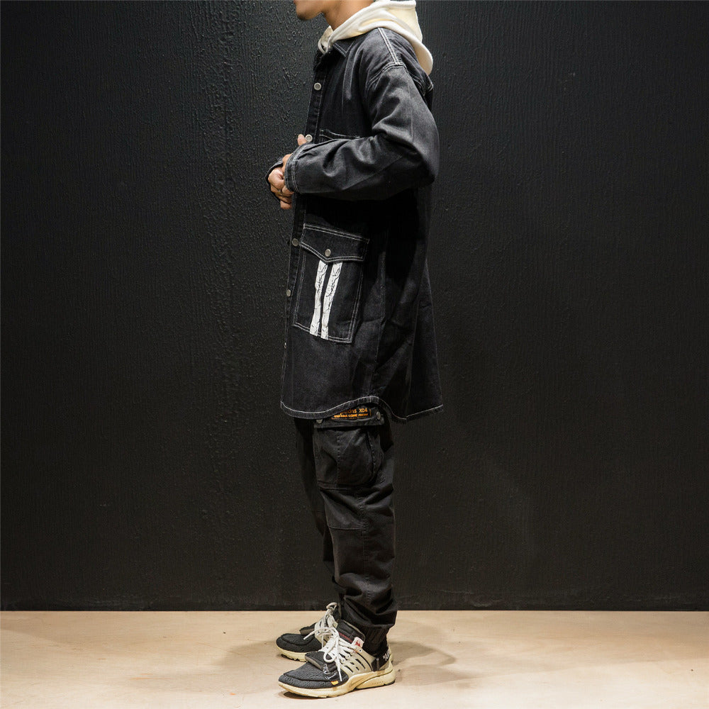 Cracked Letter Print Backside Men Long Denim Hooded Jacket - FanFreakz