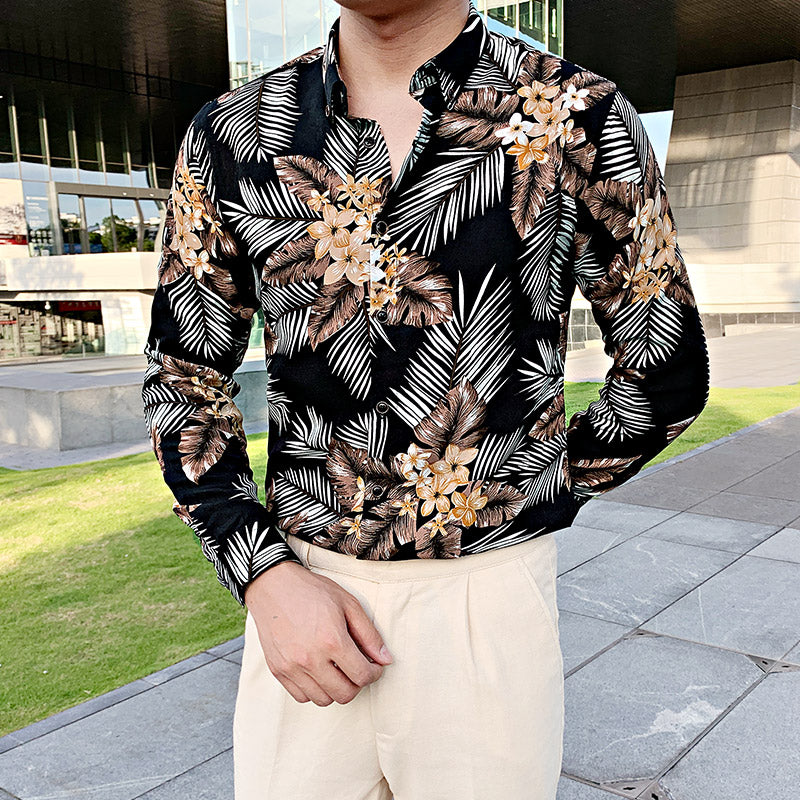 Tropical Floral Prints Men Buttoned Long Sleeve Shirt