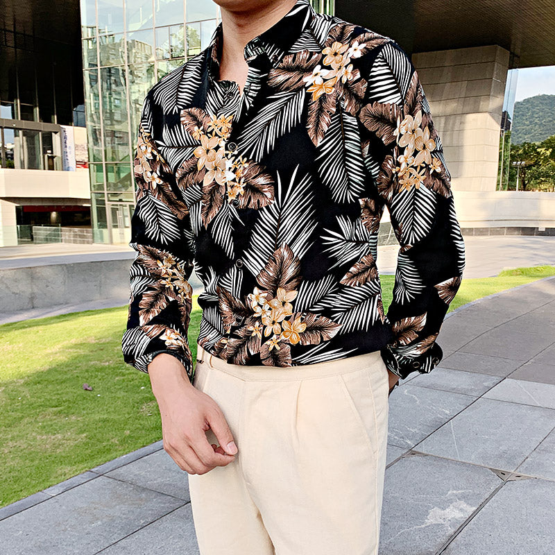 Tropical Floral Prints Men Buttoned Long Sleeve Shirt