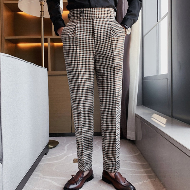 British Casual Double Button Plaid Trousers