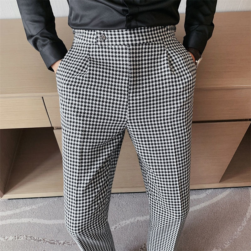 British Casual Double Button Plaid Trousers