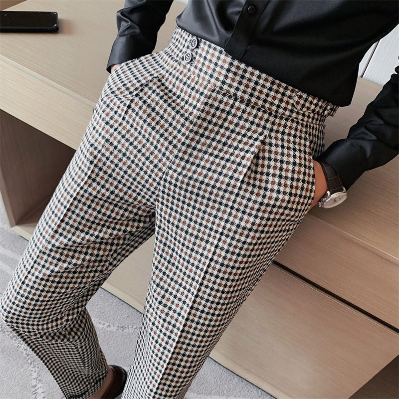 British Casual Double Button Plaid Trousers