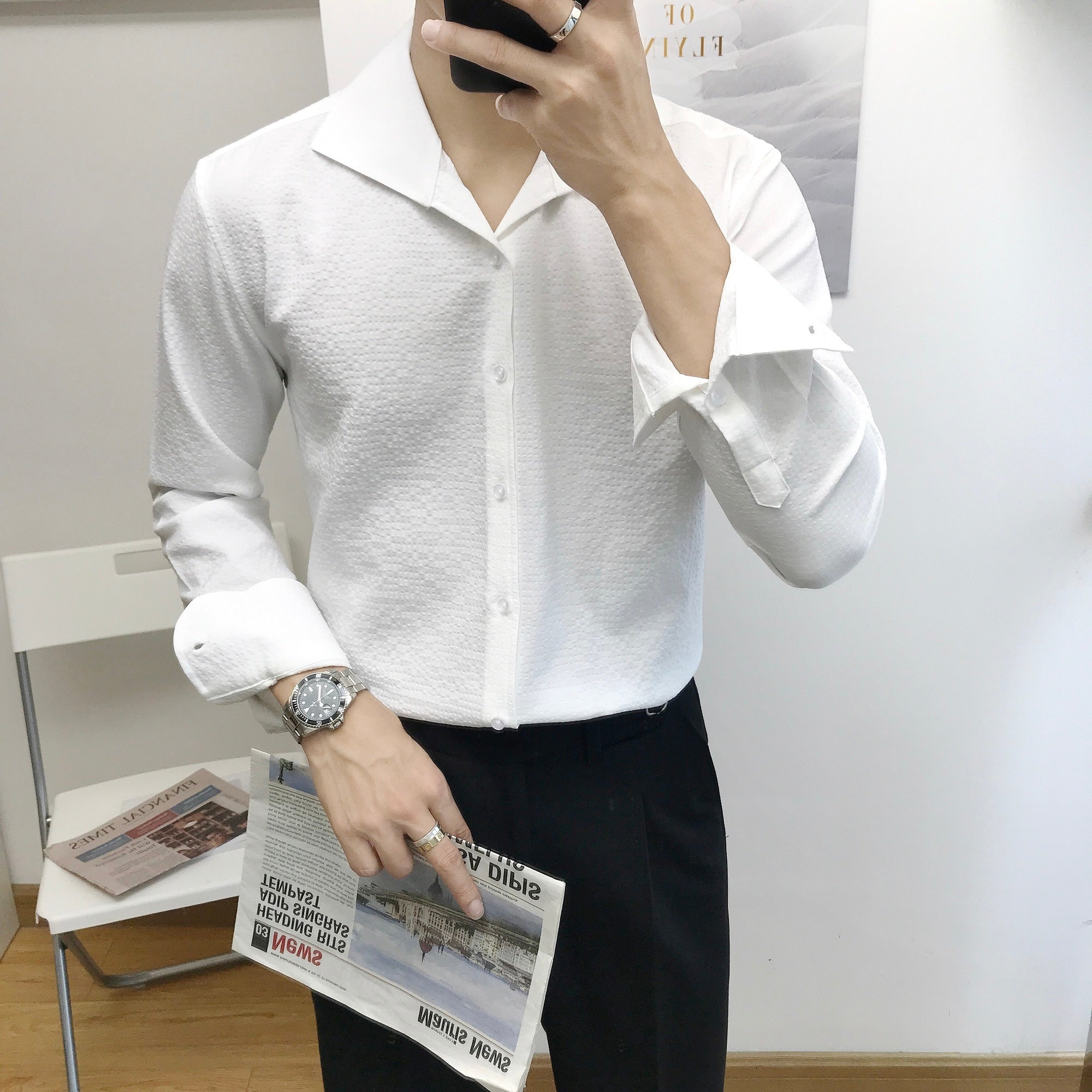 Solid White Geometric Embossed Style Shirt