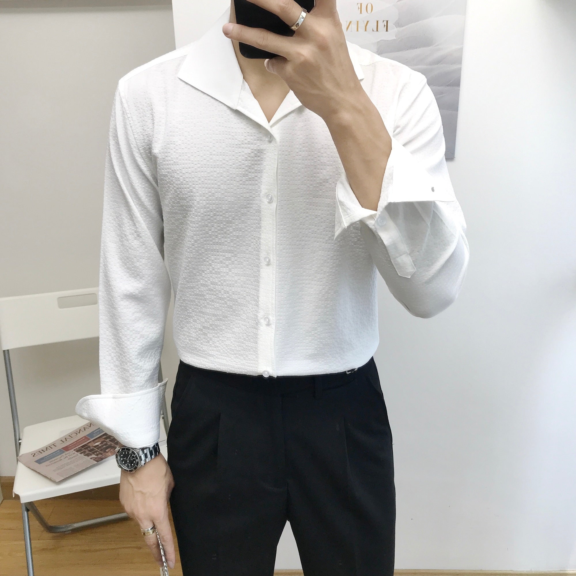 Solid White Geometric Embossed Style Shirt