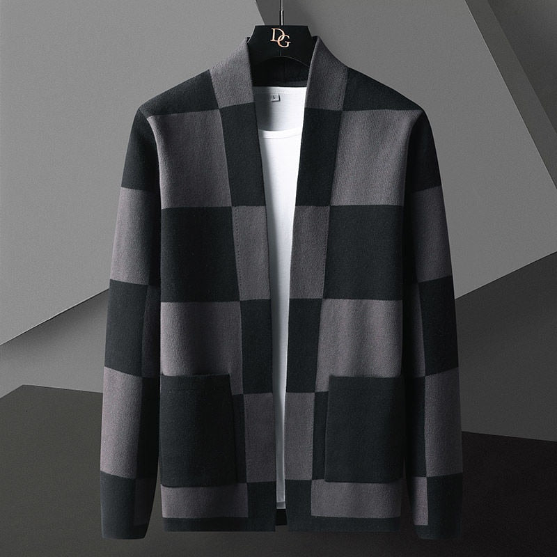 British Style Checkered Pattern Knitted Cardigan