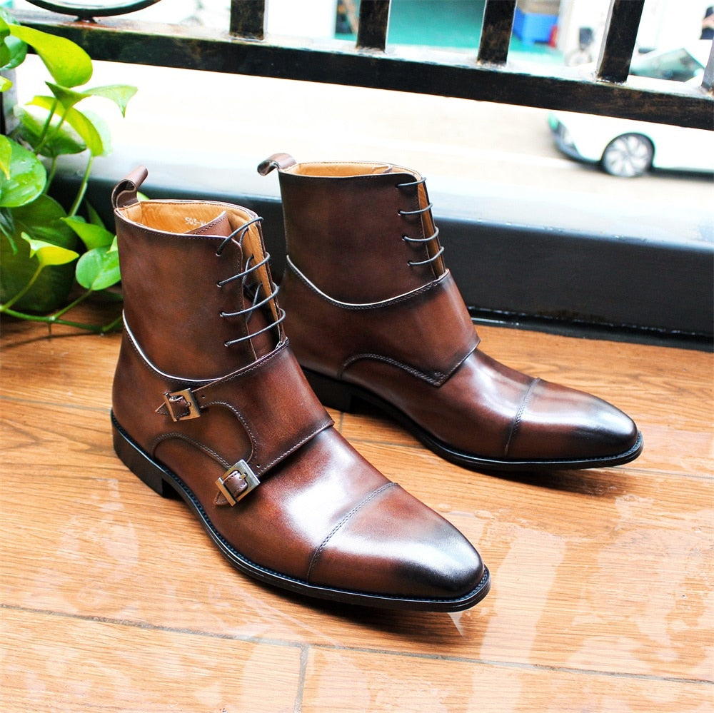British Style Buckle Strap Genuine Leather Boots