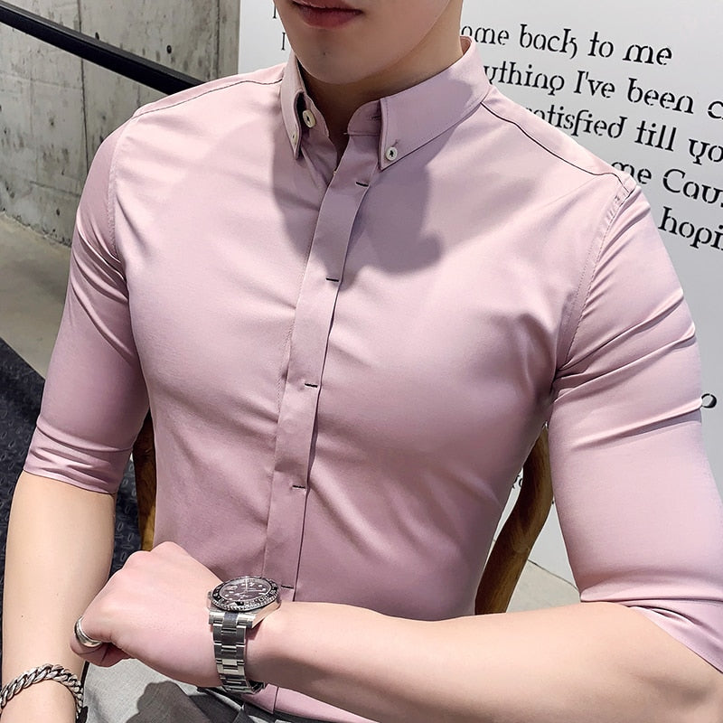Pastel Colors Men Hidden Buttons Slim Fit Shirt